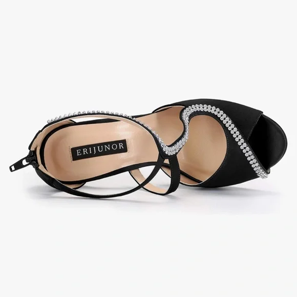 ERIJUNOR High Heels Peep Toe Rhinestone S Strap Prom Wedding Evening Shoes - Picture 4 of 7